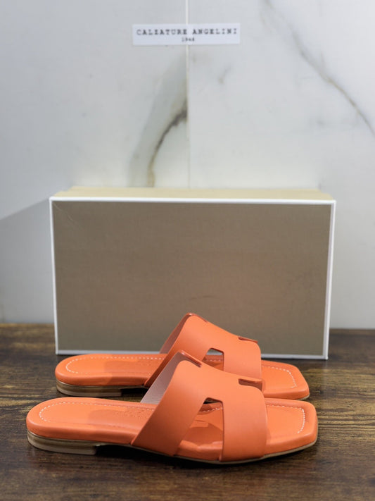 Capri Sandalo Donna In Pelle Arancio   Fatto A Mano In Italia Fondo Cuoio 40