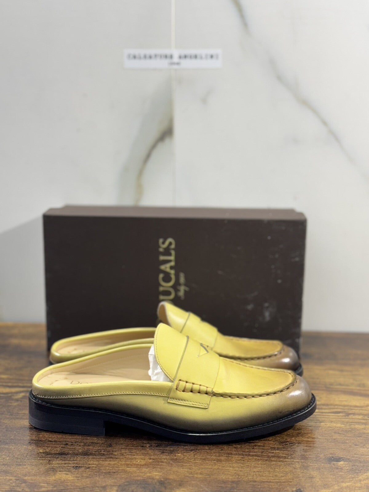 Doucal’s Scarpa Donna Sabot In Pelle Giallo  Anticato A Mano 37.5