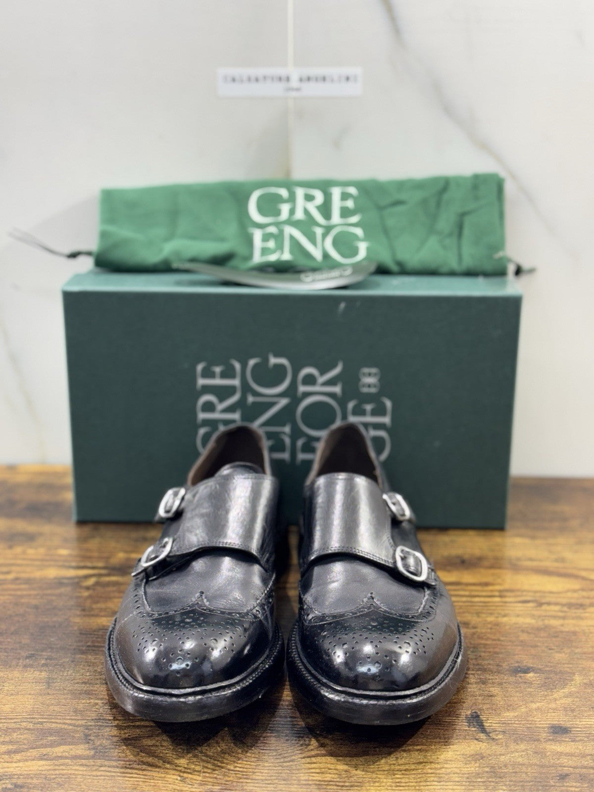 Green George Scarpa Uomo Doppia Fibbia Pelle Nero Washed Luxury Handmade 44