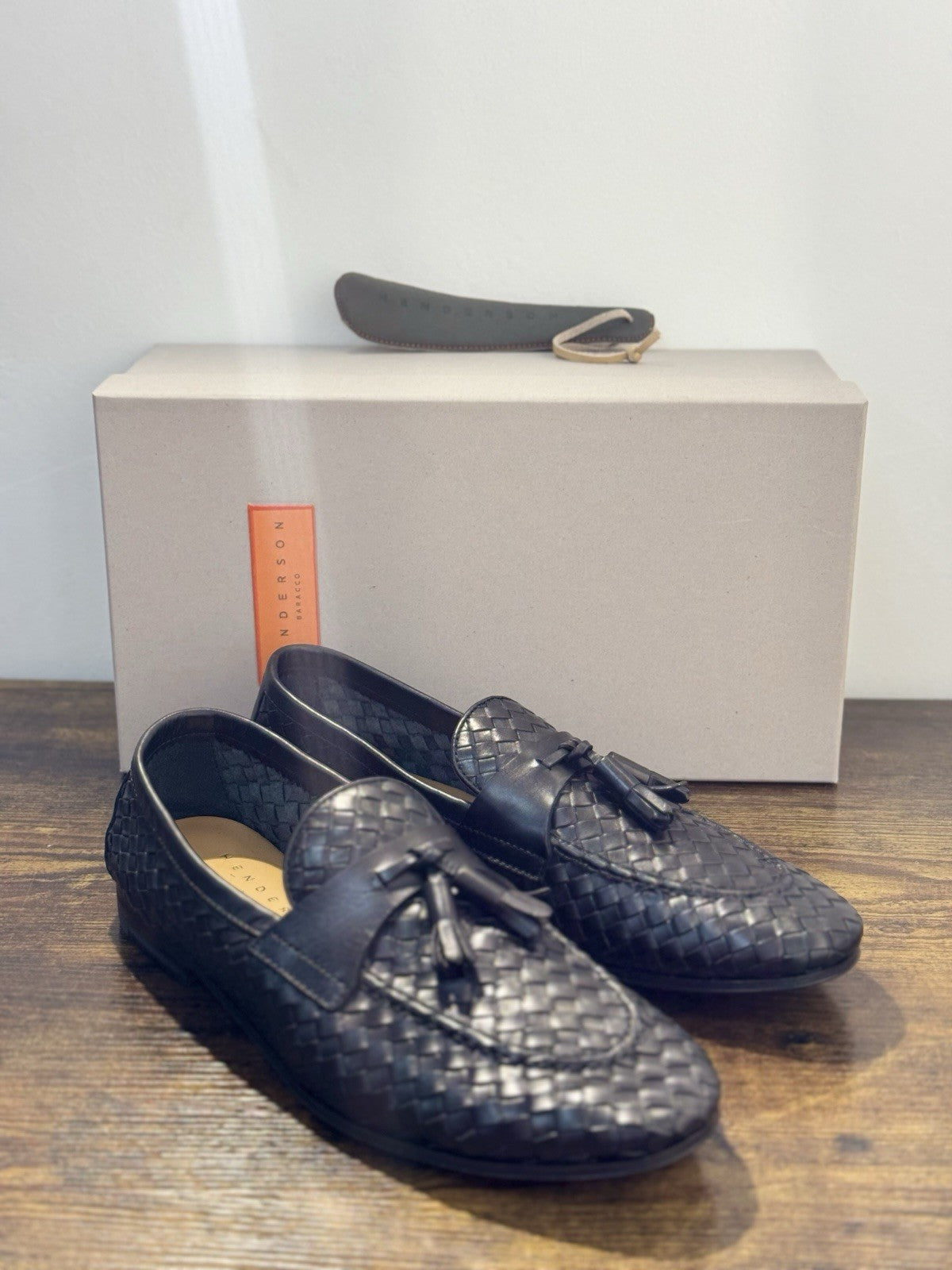 Henderson Baracco Mocassino Intrecciato Tassel Pelle Nero Casual Uomo 43.5