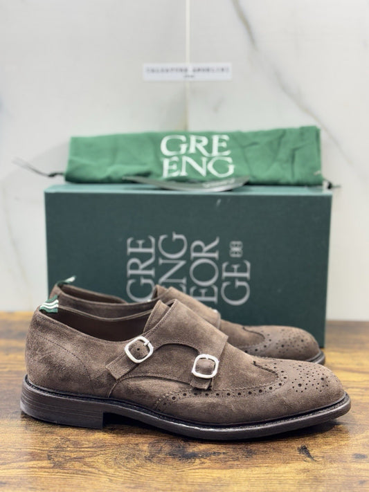 Green George Scarpa Uomo Doppia Fibbia Suede Brown    Luxury Handmade 44