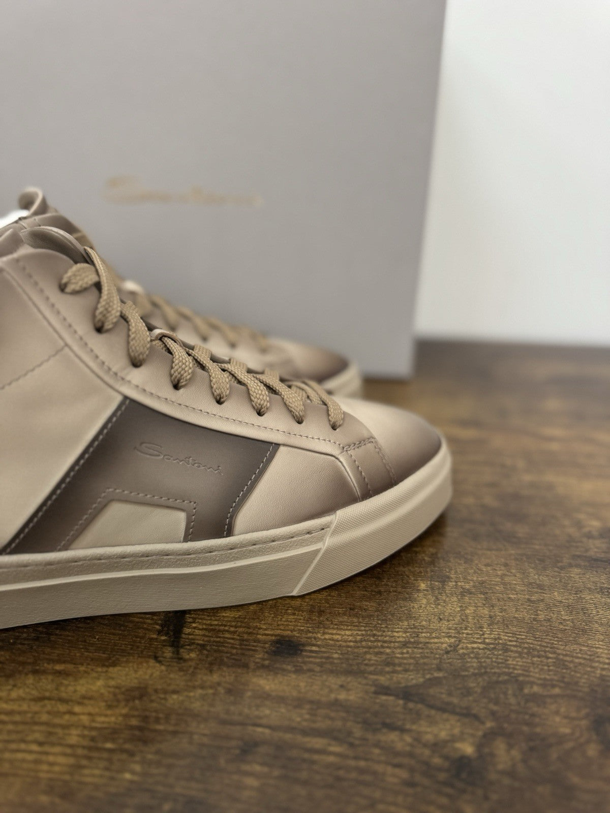 Santoni High Top Sneaker Pelle Super Soft Beige Casual Luxury Uomo 41.5