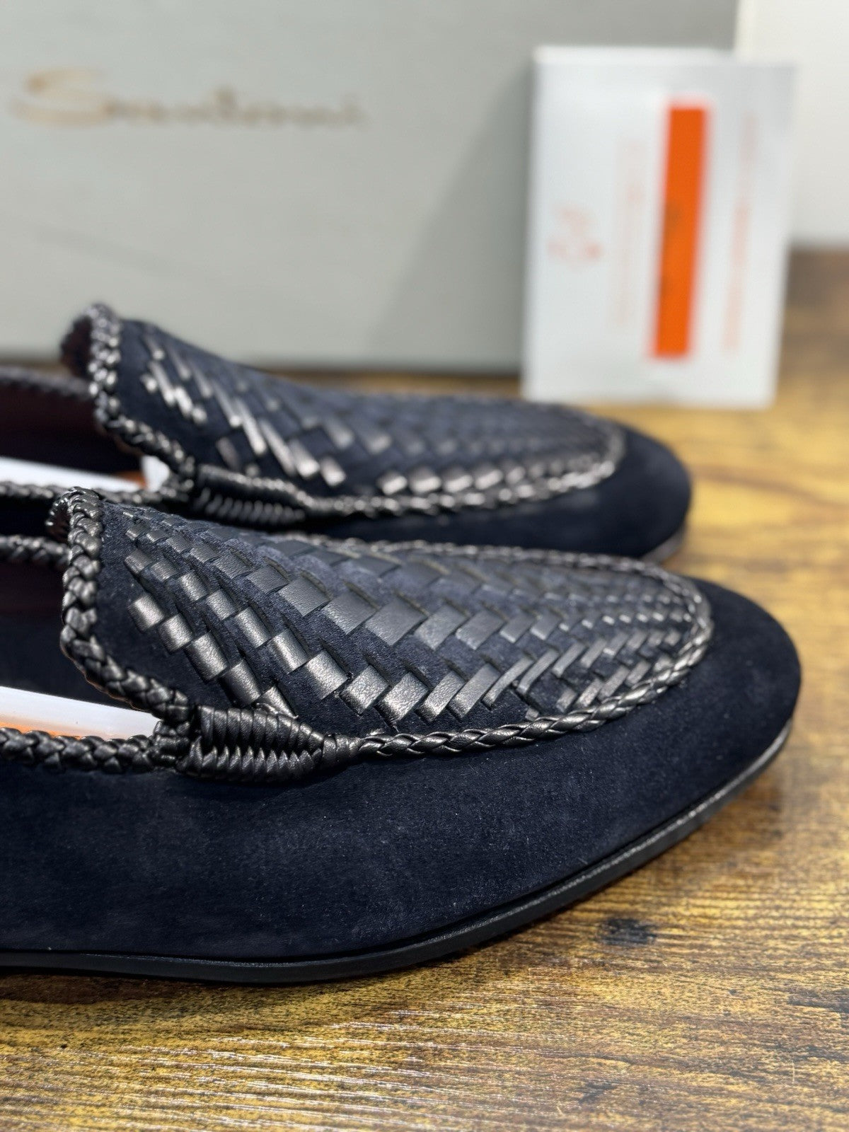 Santoni Mocassino Intrecciato Blu Suede Pelle Luxury Men  Goodyear  Uomo 42.5