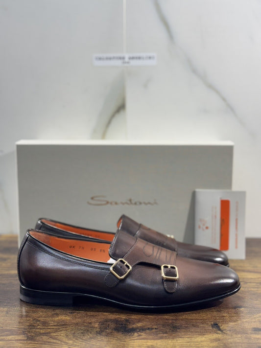 Santoni Scarpa Uomo Mocassino Doppia Fibbia Brown  Luxury Men Santoni Shoes 7.5