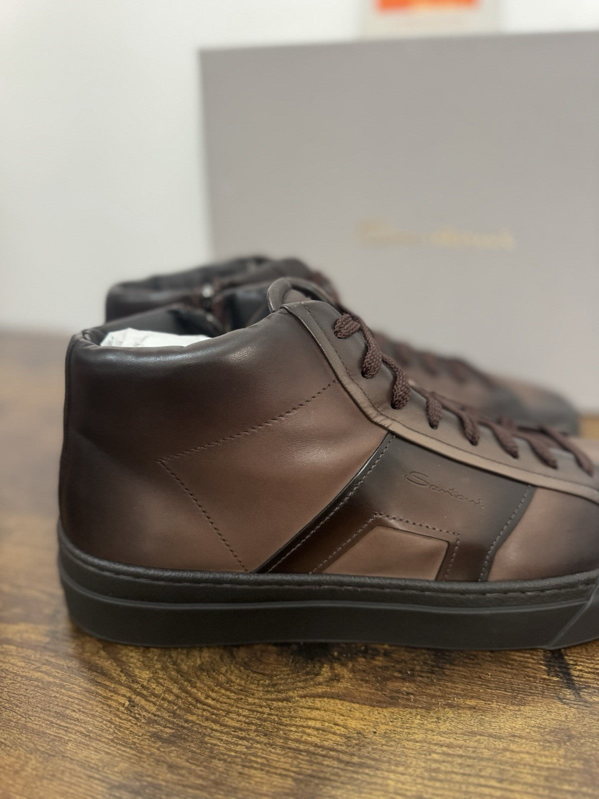 Santoni High Top Sneaker Pelle Super Soft Marrone Casual Luxury Uomo 44.5
