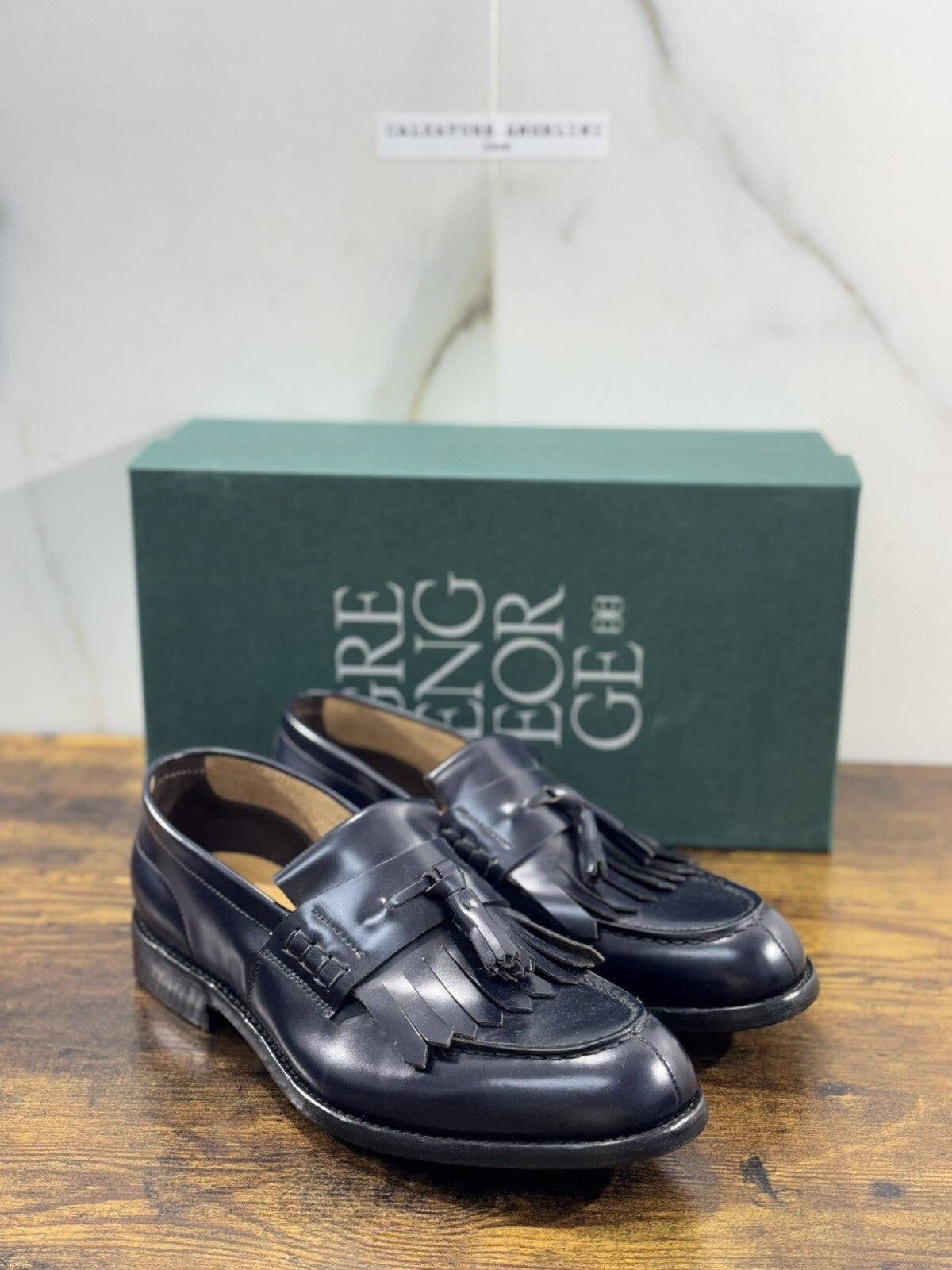 Green George Scarpa Uomo Mocassino  Nappine Pelle Blu    Luxury Handmade 42.5