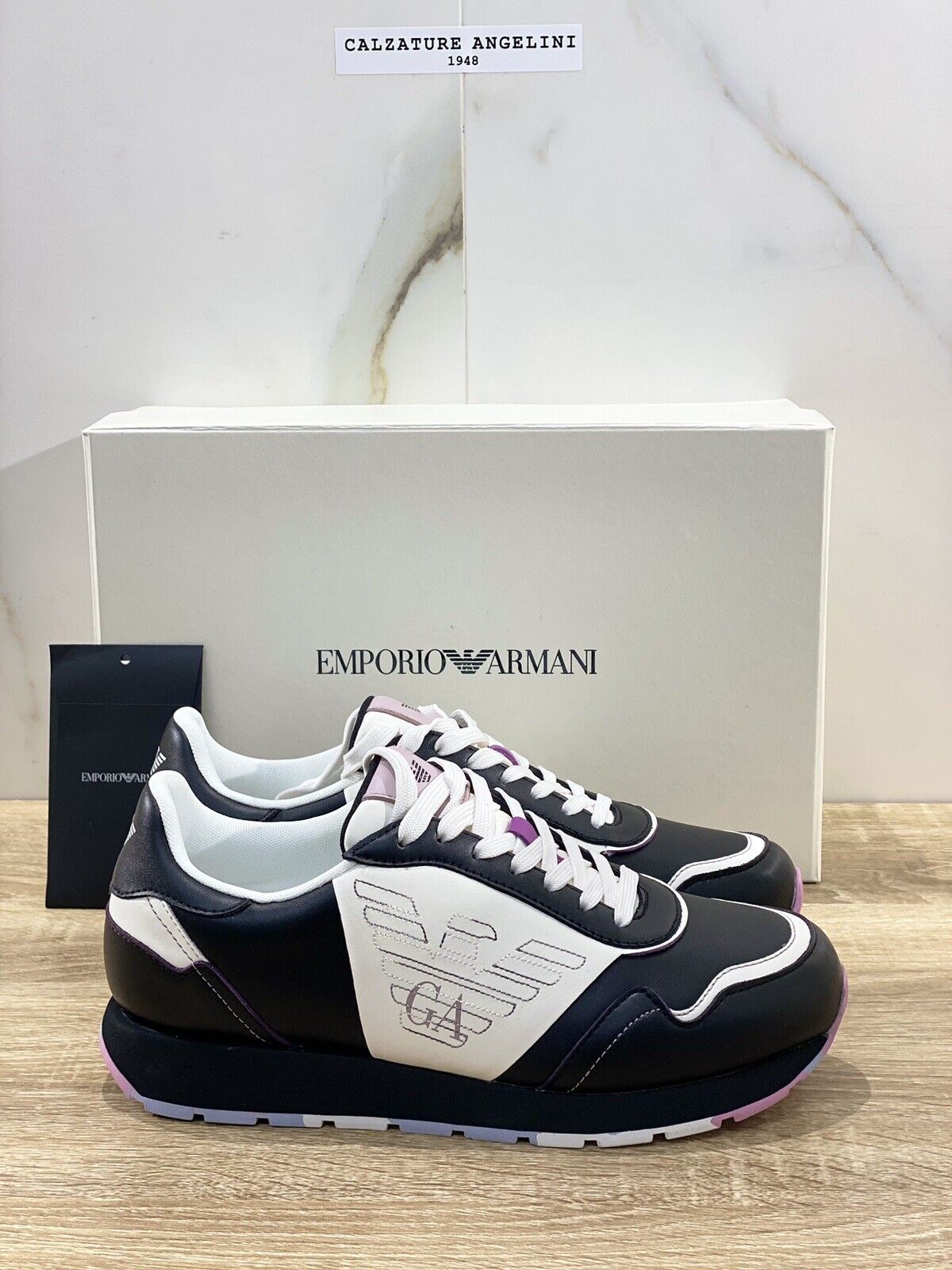 Emporio Armani Sneaker donna black white Lilac pelle casual shoes 40.5