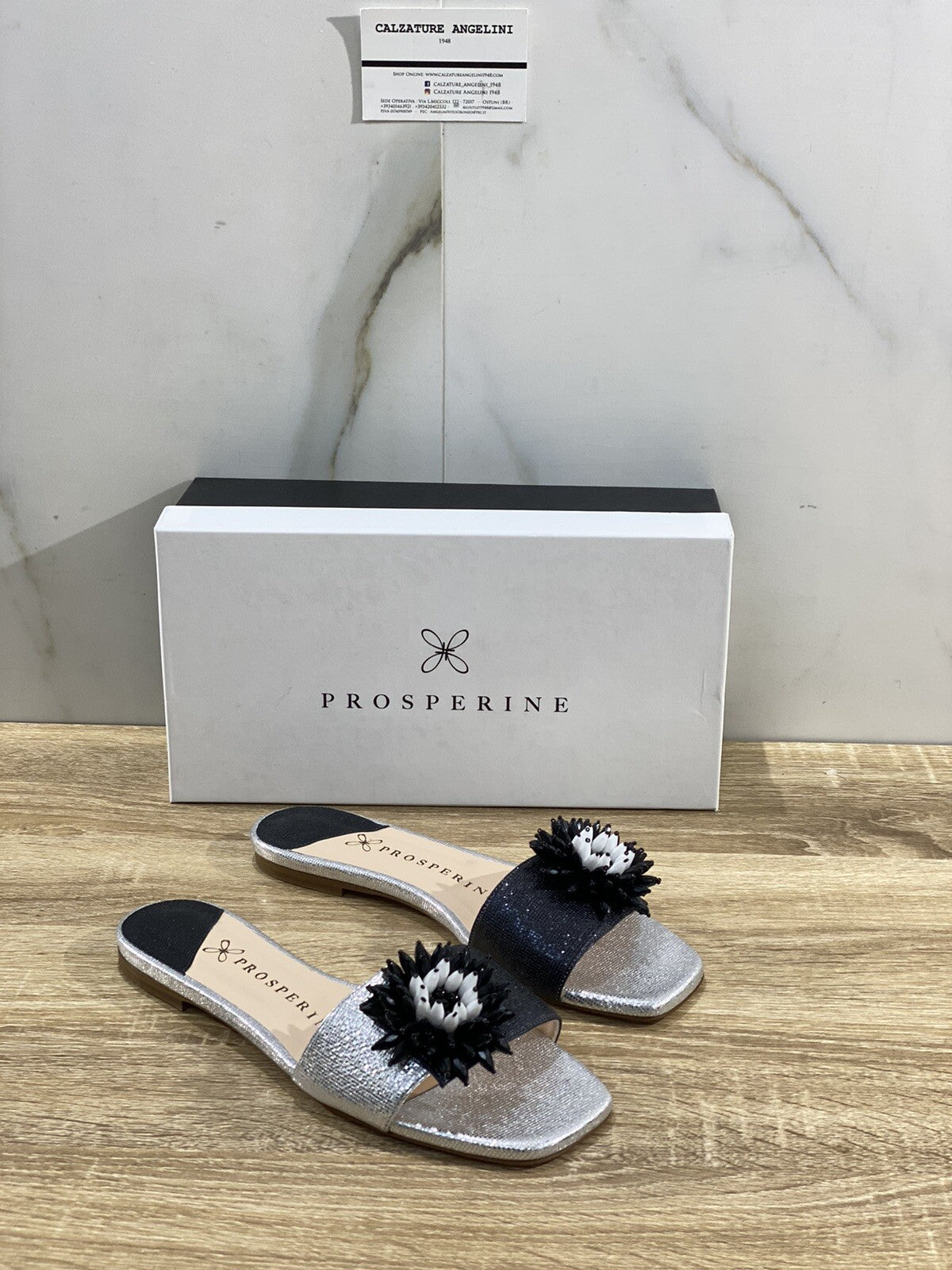 Prosperine Sandalo donna 8062    Pelle Argento Nero Flat Mule 41