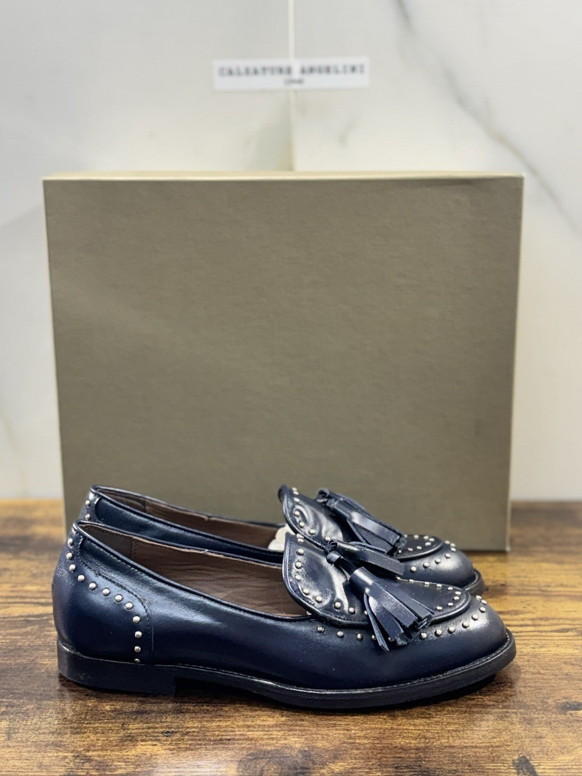 Duccio Del Duca Mocassino   Pelle Blu Borchie    Made In Italy Donna 40