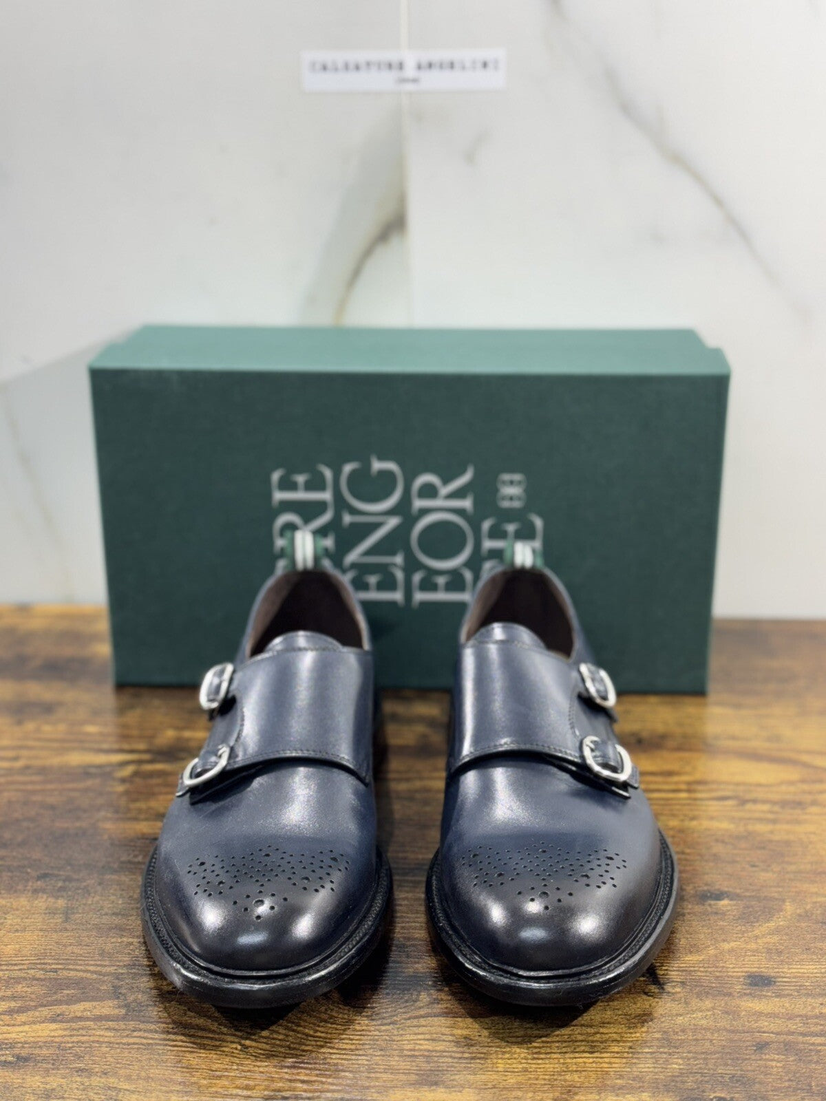 Green George Scarpa Uomo Doppia Fibbia Pelle Blu   Luxury Handmade 44