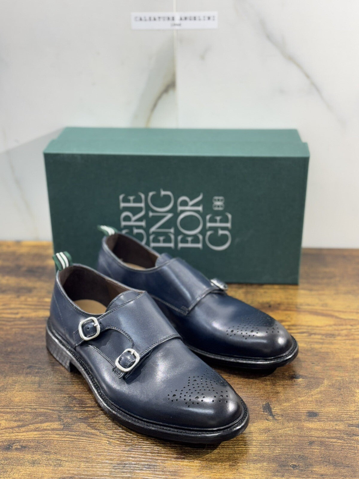 Green George Scarpa Uomo Doppia Fibbia Pelle Blu   Luxury Handmade 44