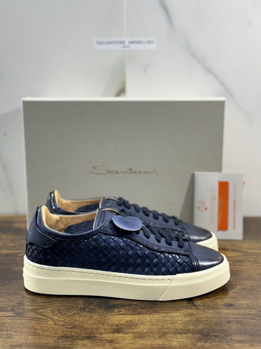 Santoni Sneaker Uomo Icon Pelle Blu Intreccio Luxury Men Santoni Shoes Icon 39