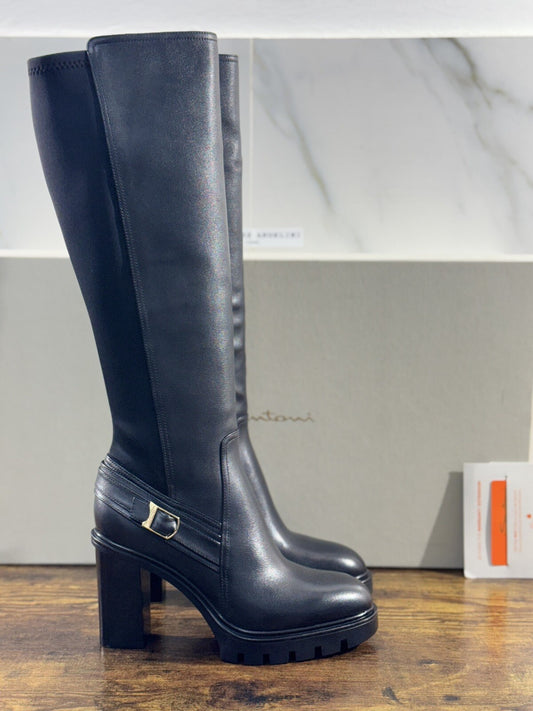 Santoni Stivali Donna In Pelle  Nera Con Tacco   Luxury Woman Boot Santoni 38.5
