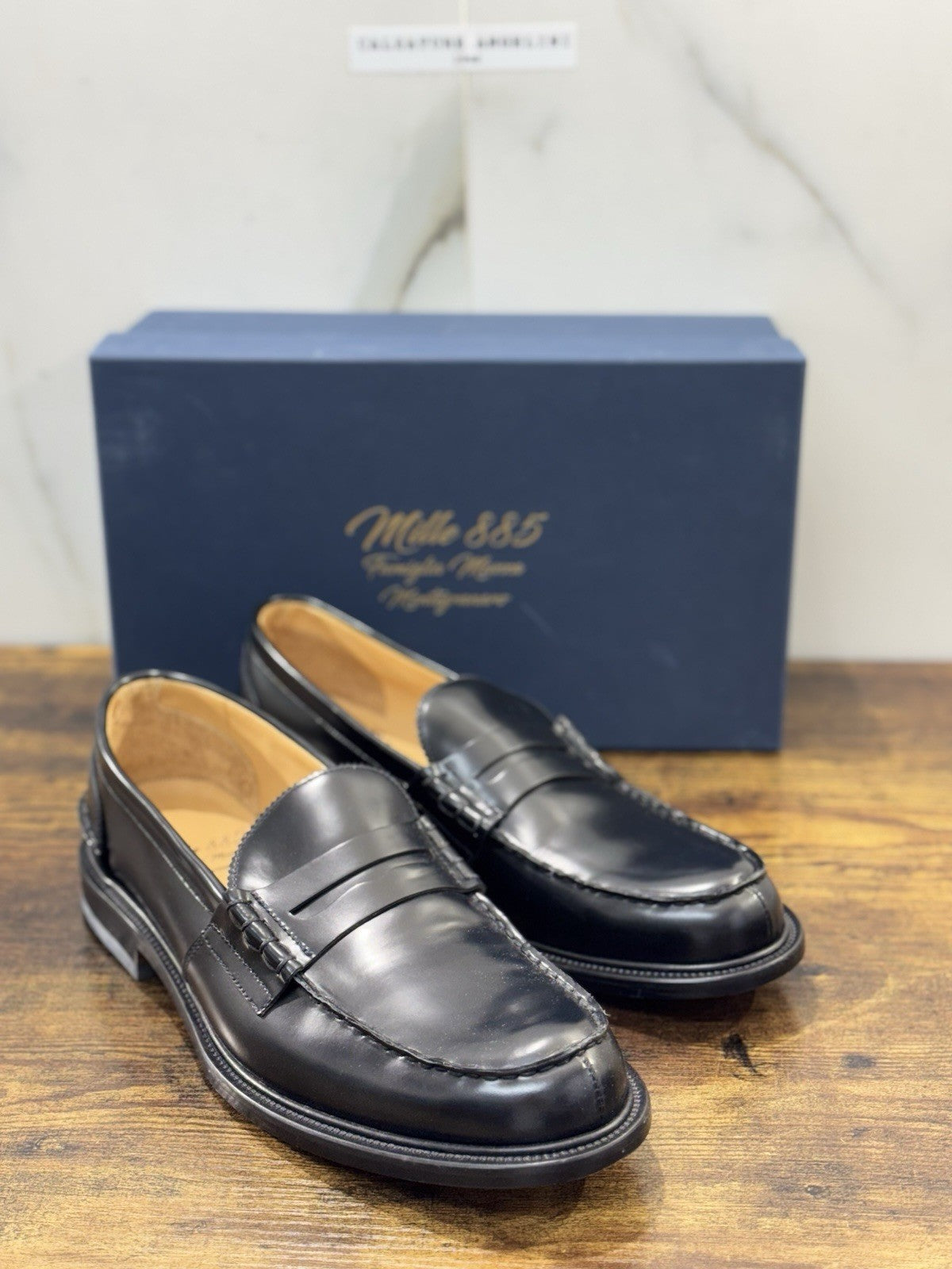 Mille 885 Mocassino Pelle Nera Fondo Cuoio  Fatto A Mano In Italia Uomo 45
