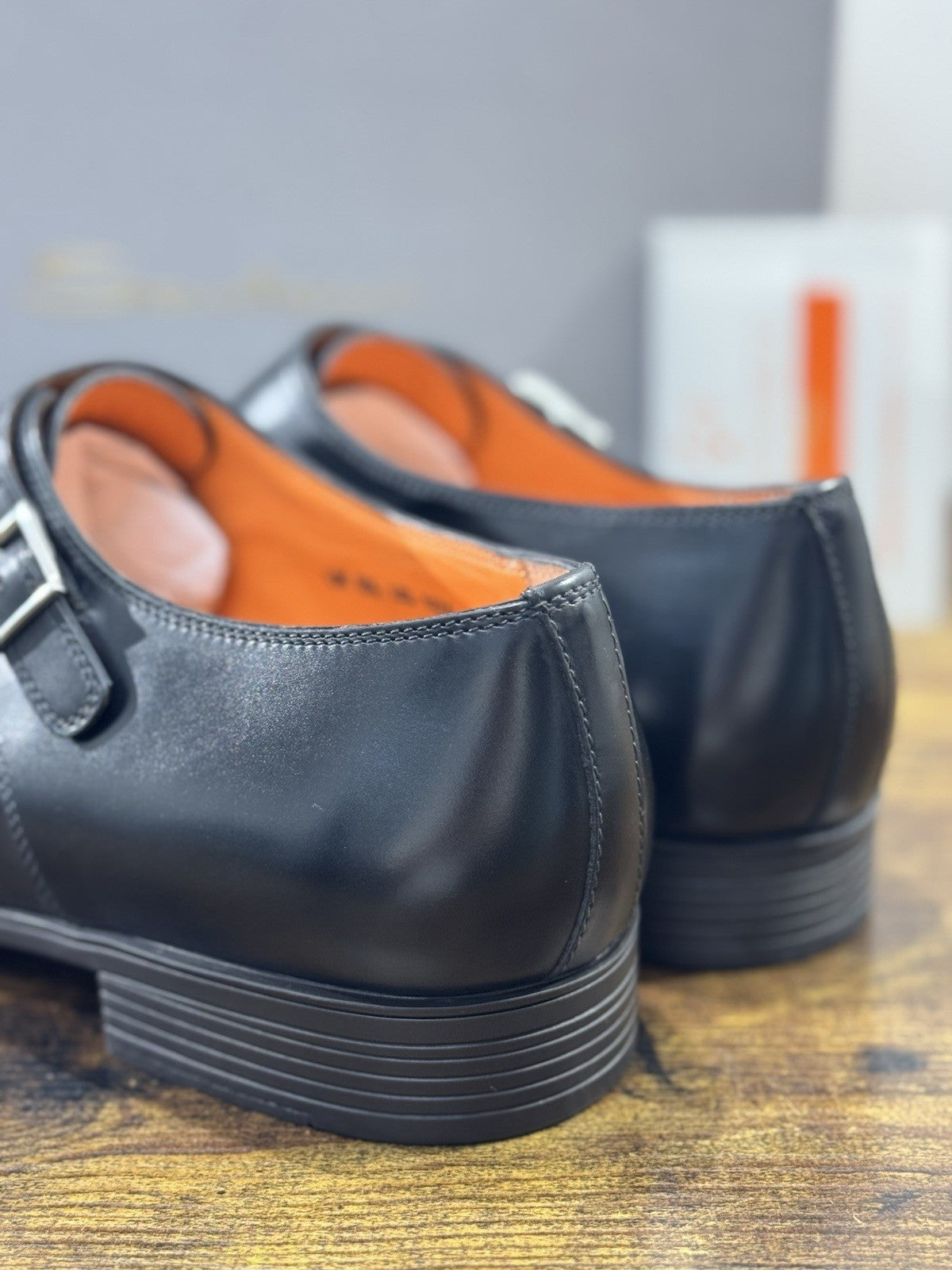 Santoni Doppia Fibbia Pelle Nero Fondo Gomma     Luxury Santoni Scarpa Uomo 43.5