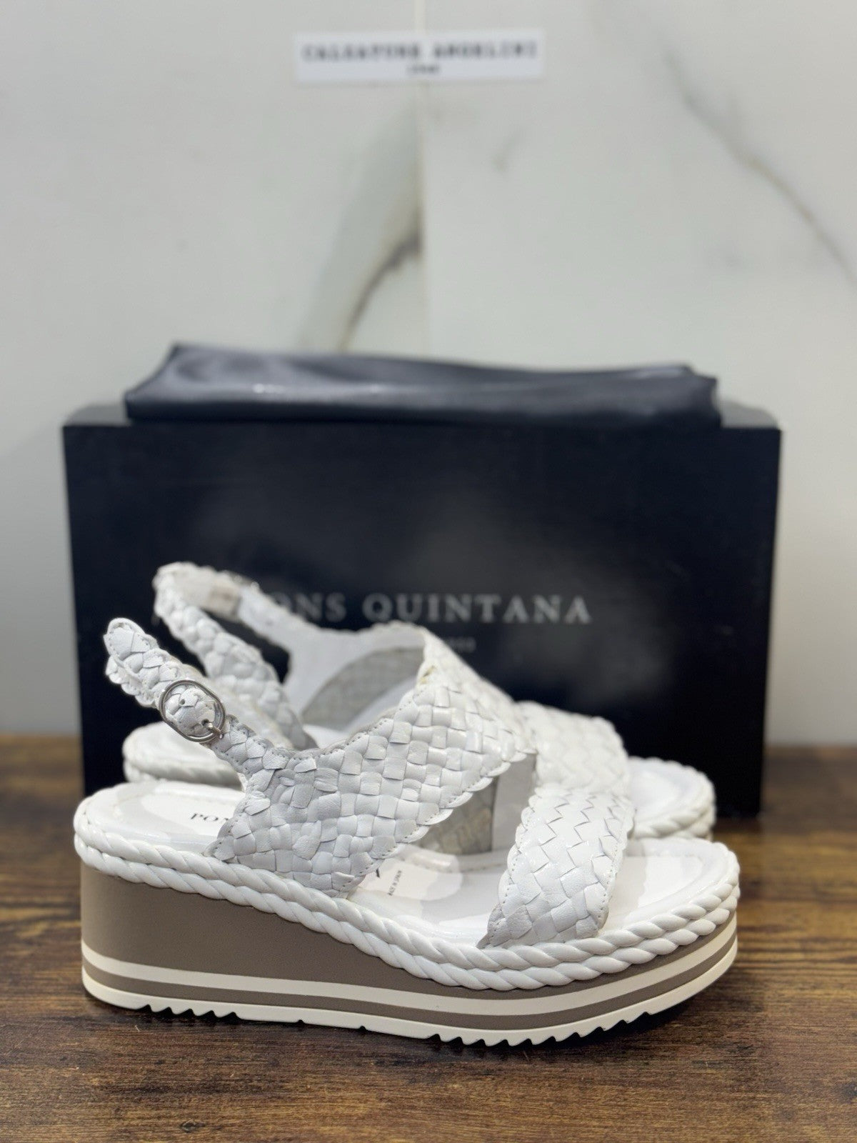 Pons Quintana Sandalo Padova  Donna   Pelle Bianca     Handmade Con Zeppa 36