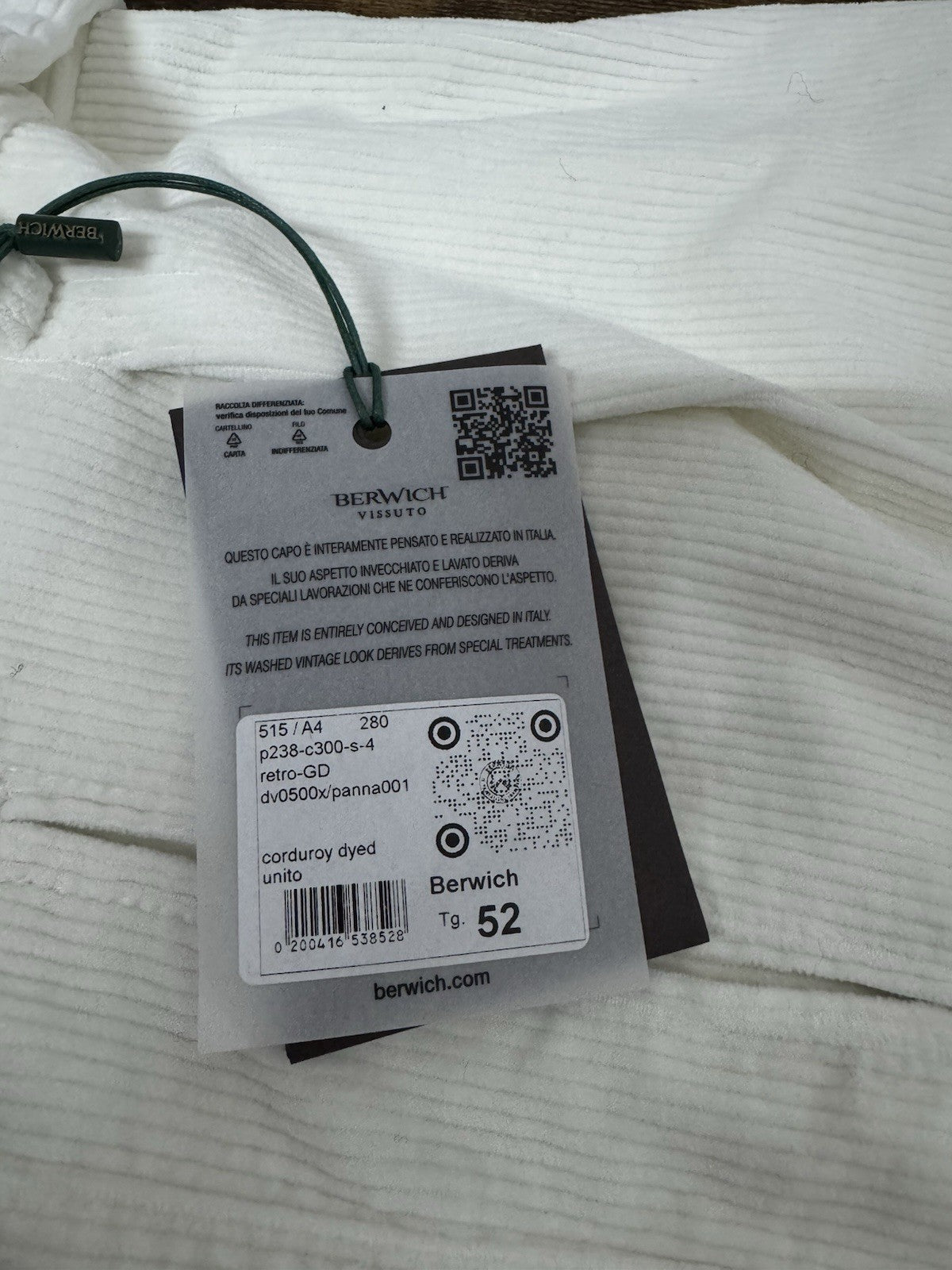 Berwich Pantalone Retro Velluto Bianco  Uomo 52