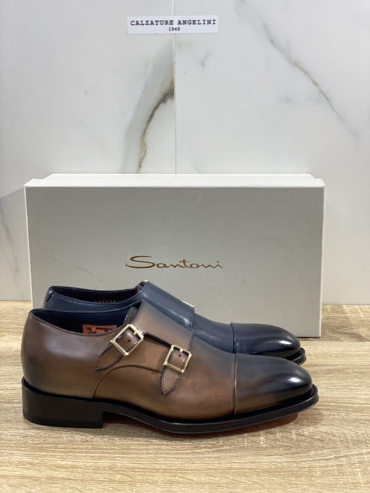 Santoni Doppia Fibbia Uomo In Pelle Blu Bicolor Lux Goodyear Double Buckle 41