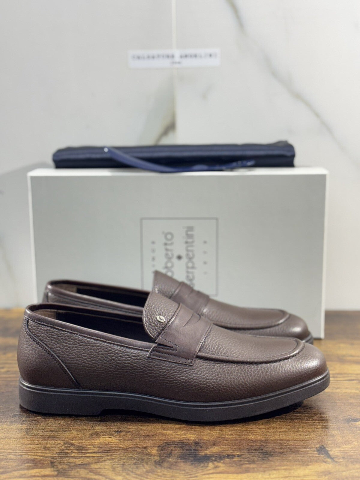 Roberto Serpentini Scarpa Uomo Mocassino Pelle Marrone  Luxury Handmade 42