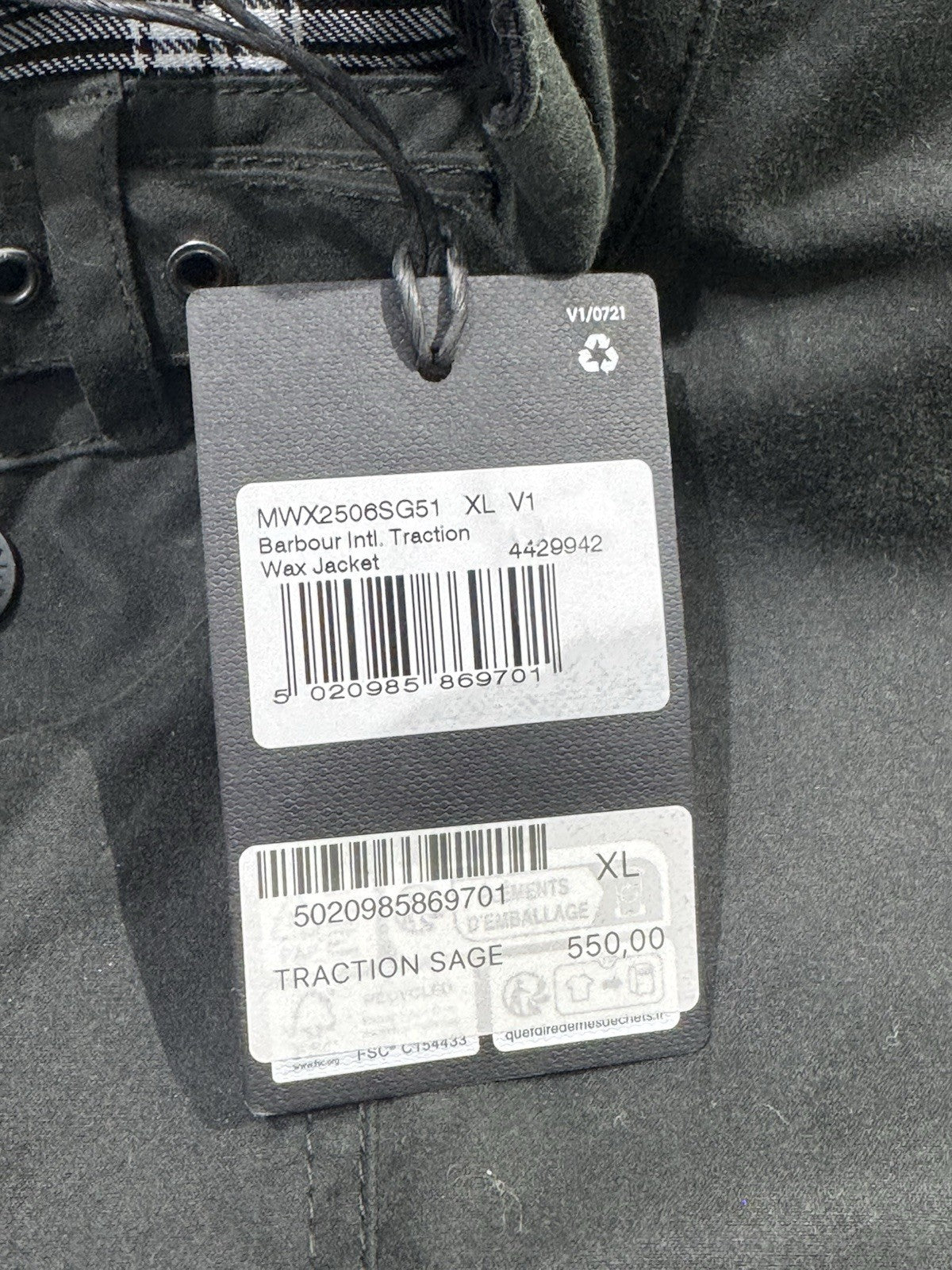 Barbour International Giacca Cerata Traction Sage Casual Uomo XL