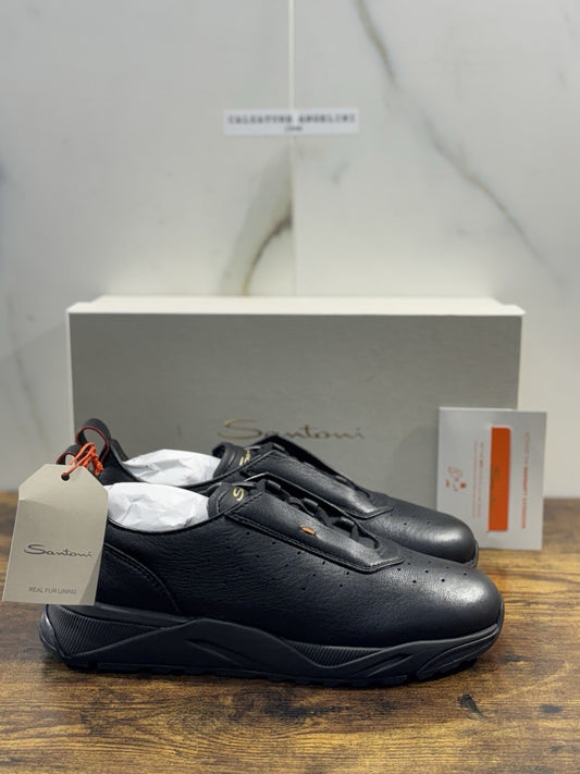 Santoni Sneaker Pelle Nera Pelliccia  Luxury Men Santoni Shoes Icon Uomo 40