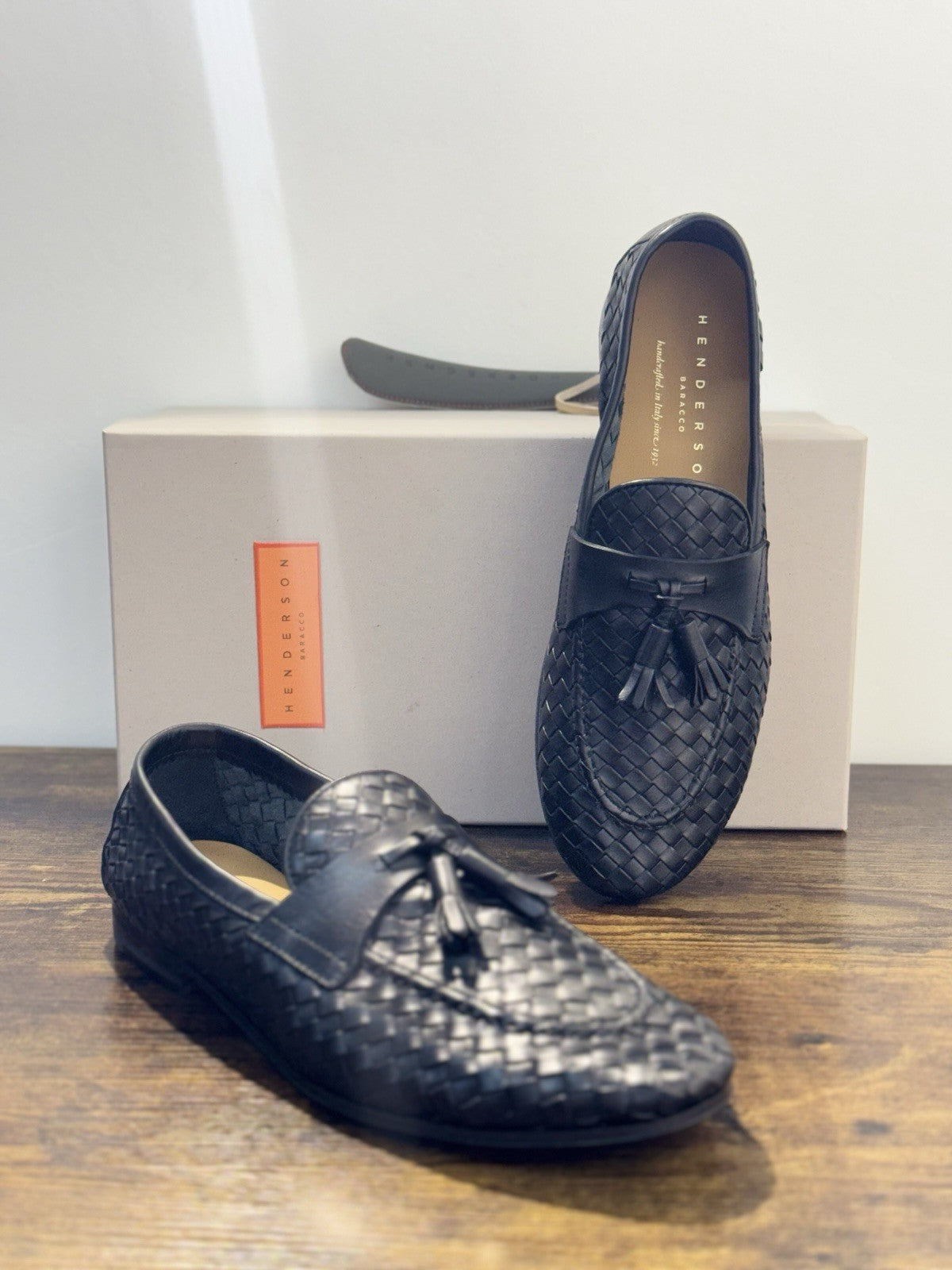 Henderson Baracco Mocassino Intrecciato Tassel Pelle Nero Casual Uomo 43.5