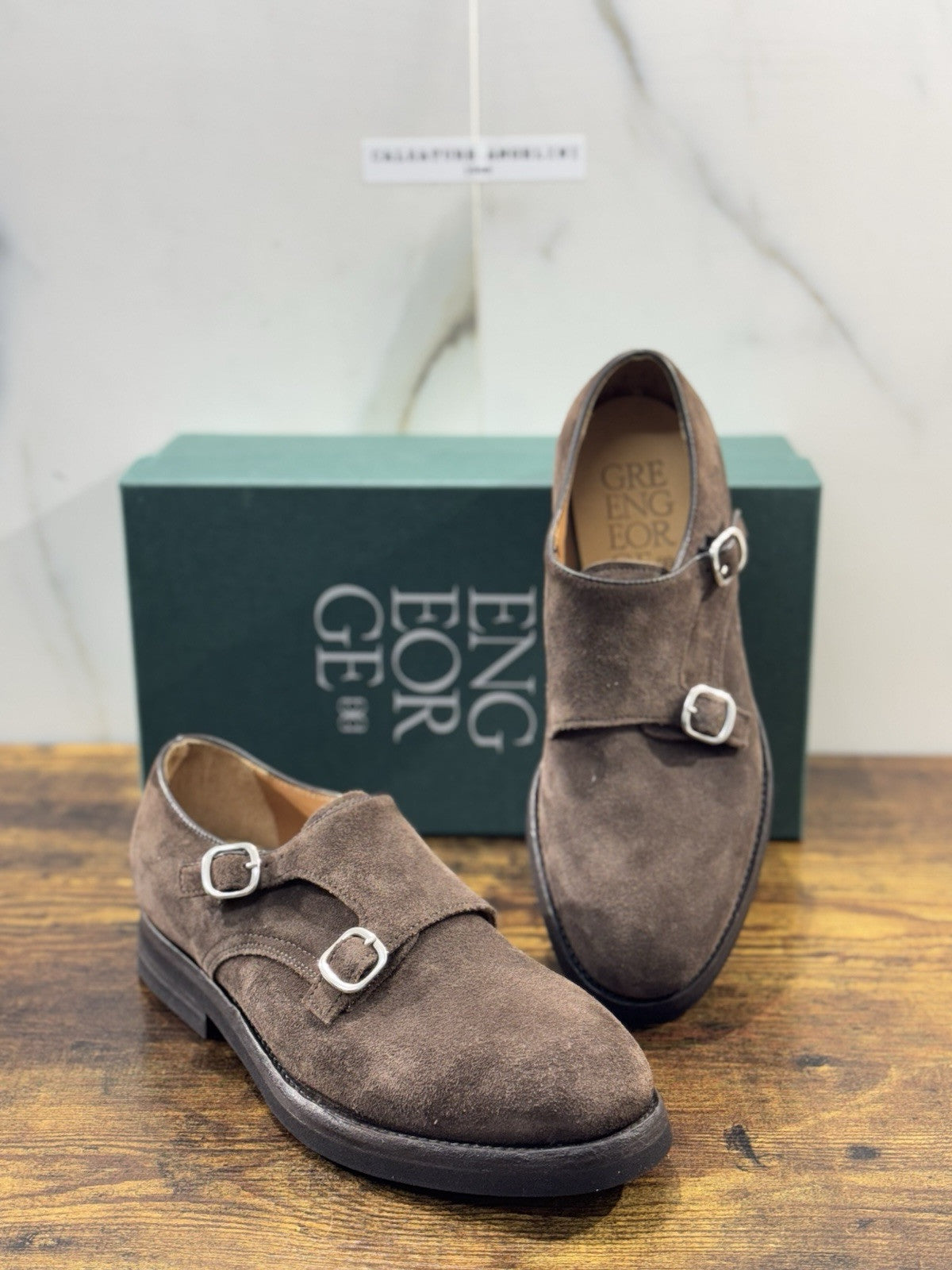 Green George Scarpa Uomo Doppia Fibbia Suede Testa Moro Fondo Vibram 41.5