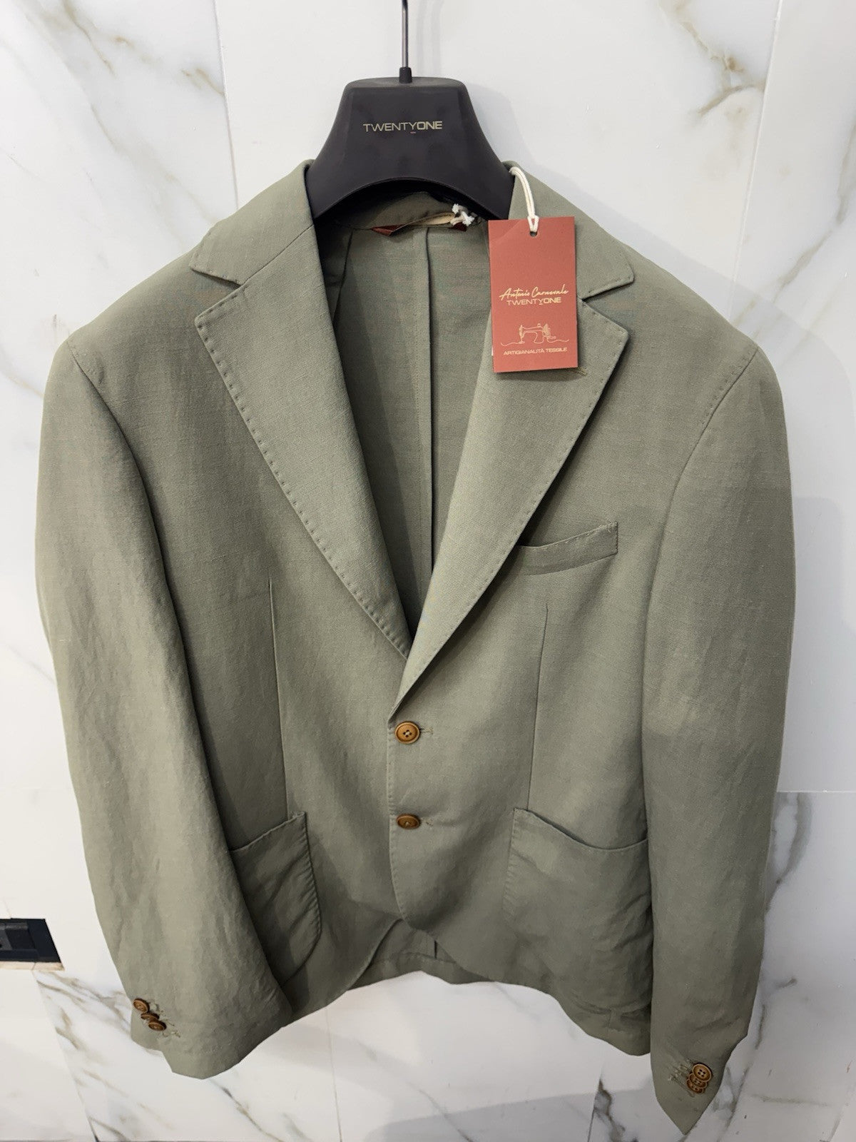 Twenty One Giacca Uomo 2 Bottoni  Verde Misto Lino Made In Italy 52