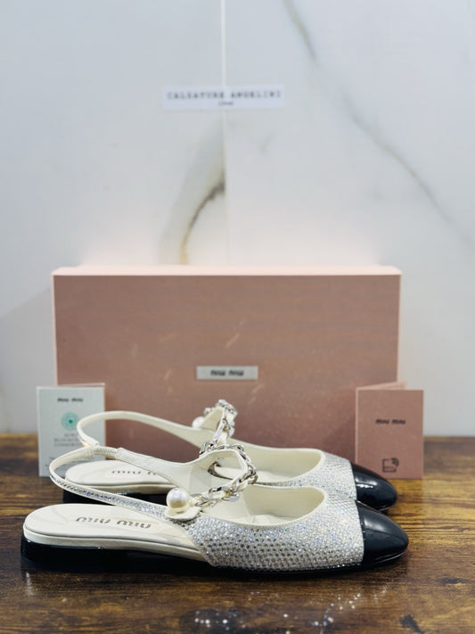 Miu Miu Crystal Slingback Pumps Ivory Black Luxury Miu Miu Woman Shoes 39
