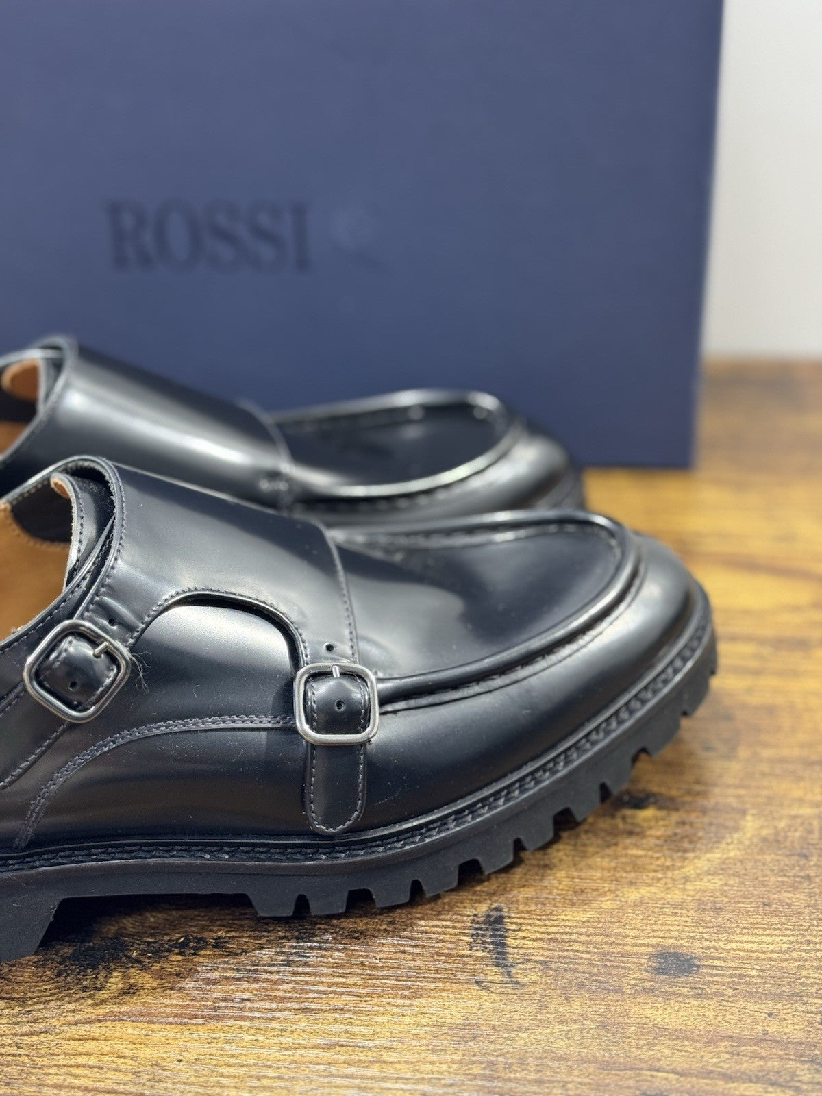 Rossi Scarpa Uomo Doppia Fibbia  Pelle Nera  Made In Italy Extra Light 40