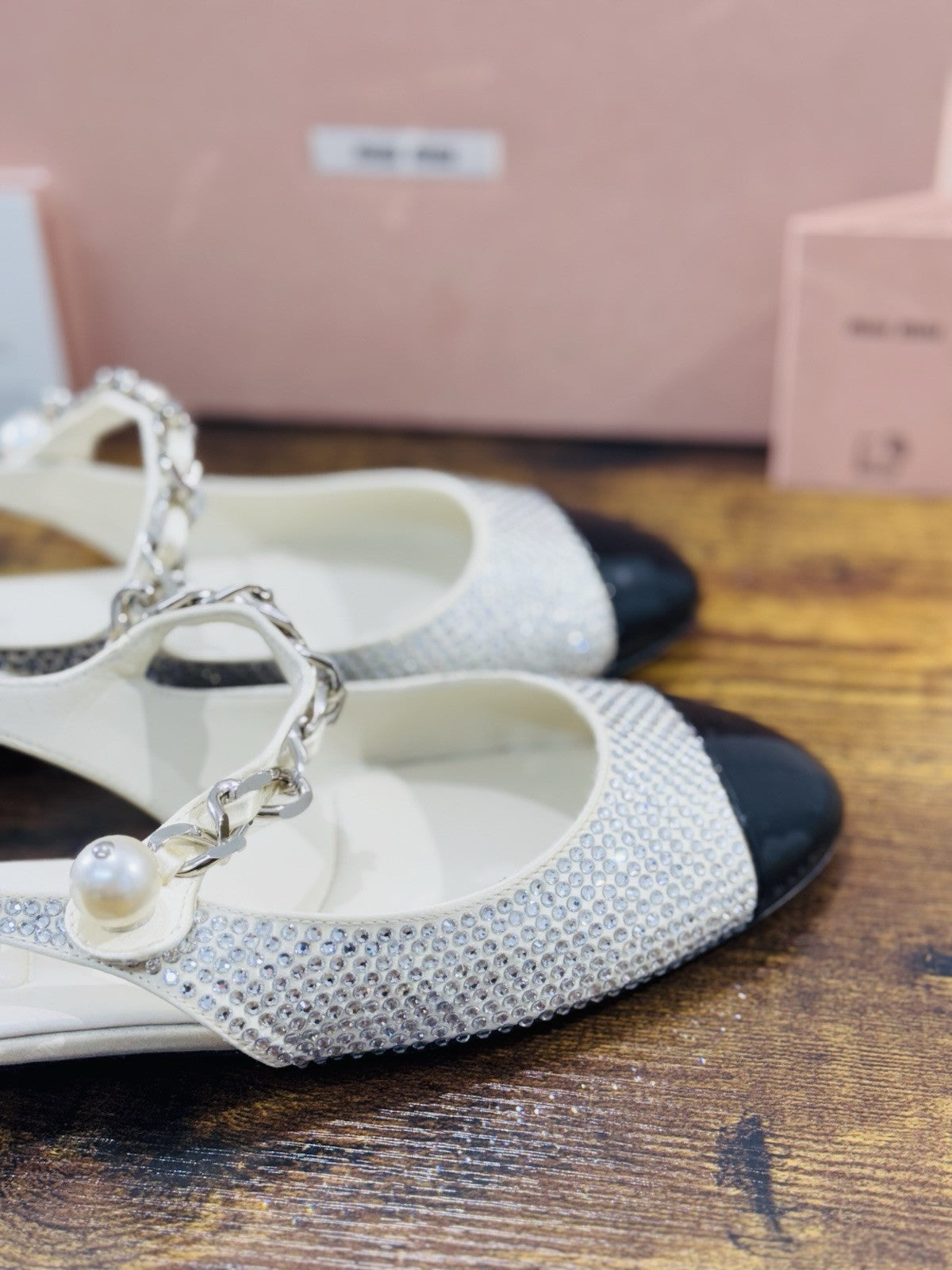 Miu Miu Crystal Slingback Pumps Ivory Black Luxury Miu Miu Woman Shoes 39