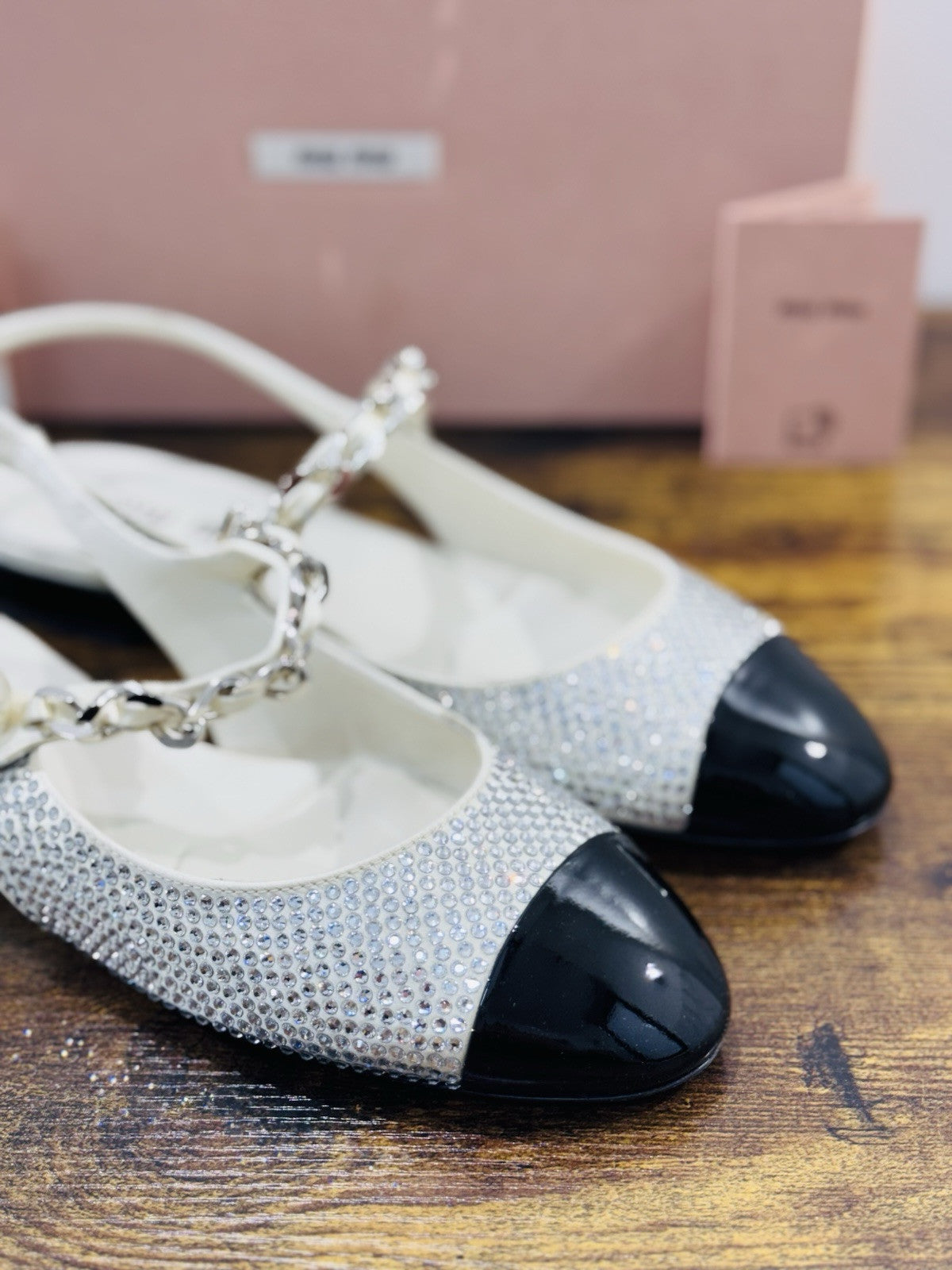 Miu Miu Crystal Slingback Pumps Ivory Black Luxury Miu Miu Woman Shoes 39