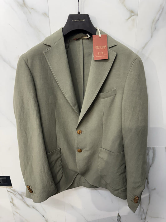Twenty One Giacca Uomo 2 Bottoni  Verde Misto Lino Made In Italy 52