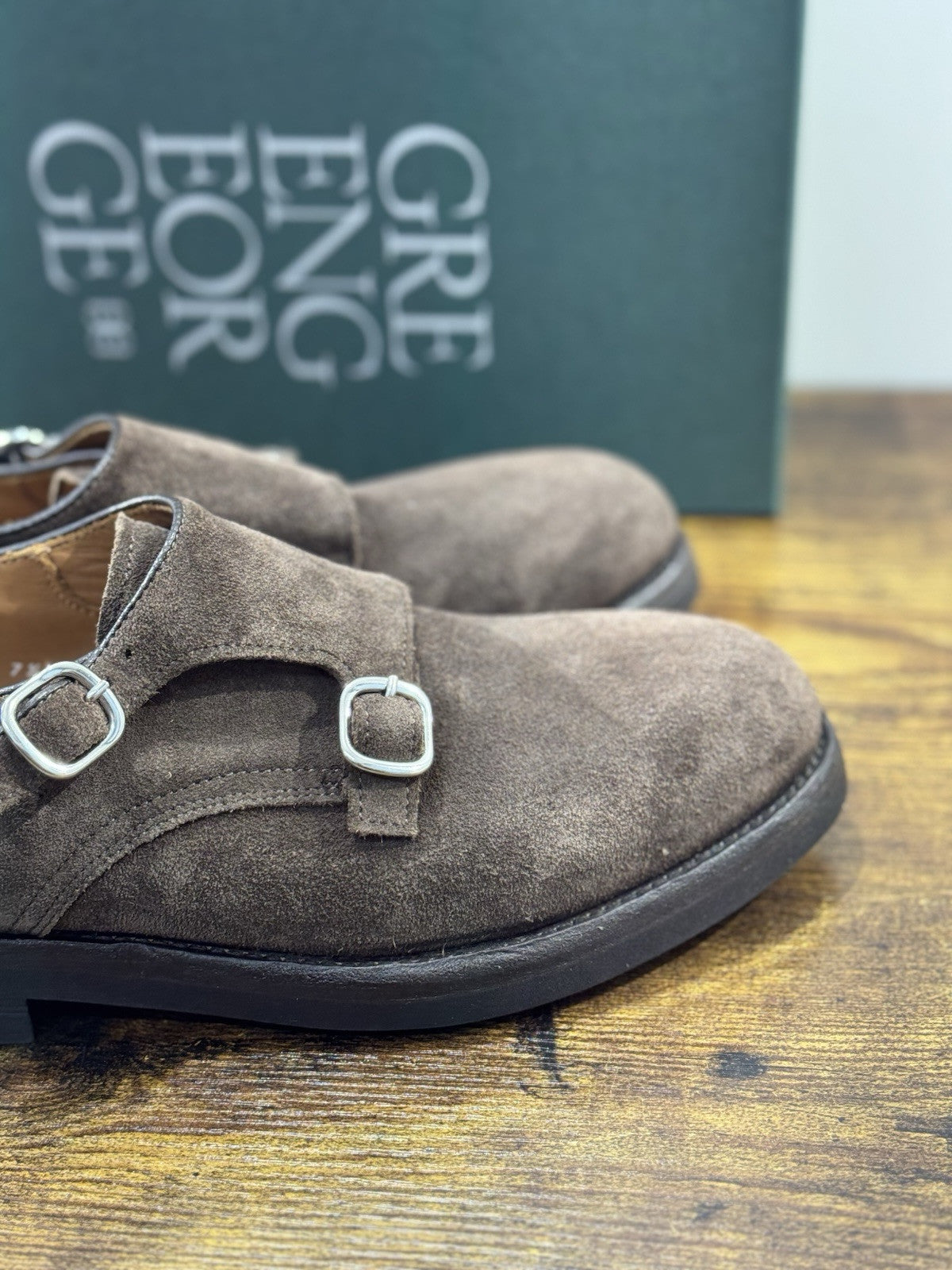 Green George Scarpa Uomo Doppia Fibbia Suede Testa Moro Fondo Vibram 44.5