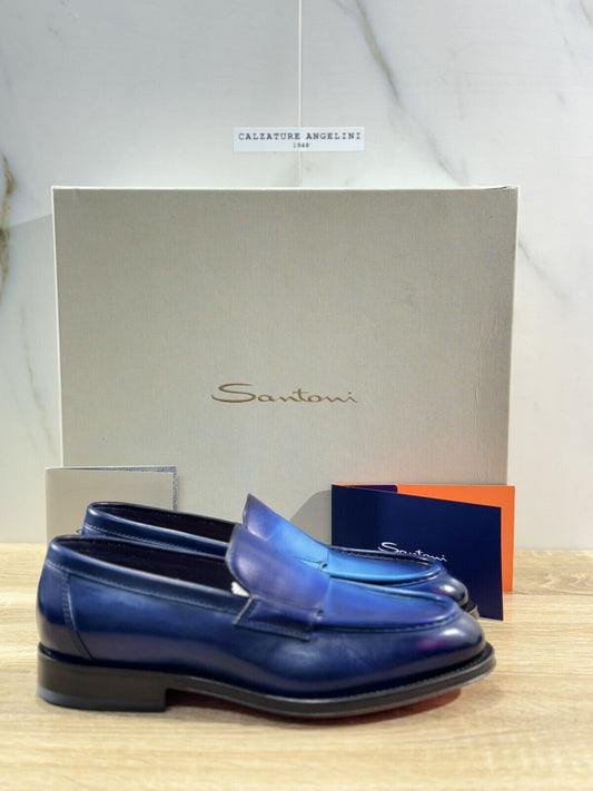 Santoni   Mocassino    Uomo Icon Pelle Blu  Goodyear Luxury Men Handpainted 41