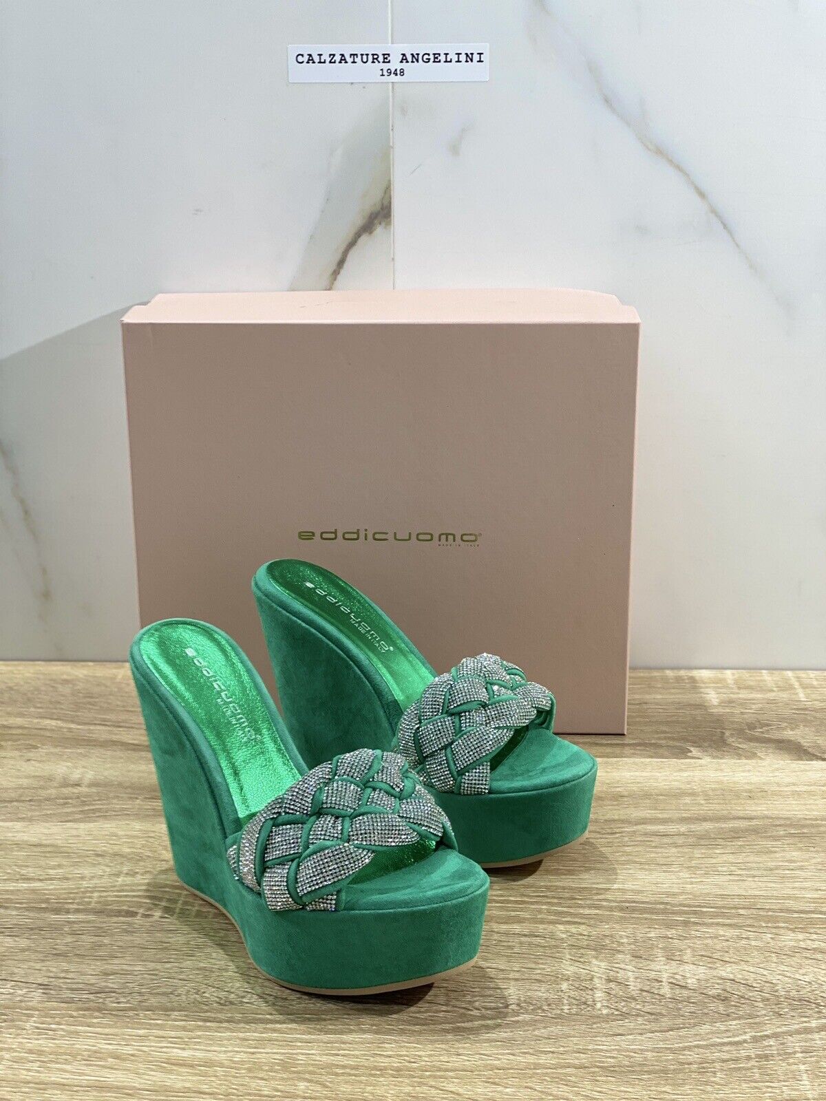 Eddi Cuomo Sandalo Donna Zeppa In Suede Verde Luxury Handmade 36