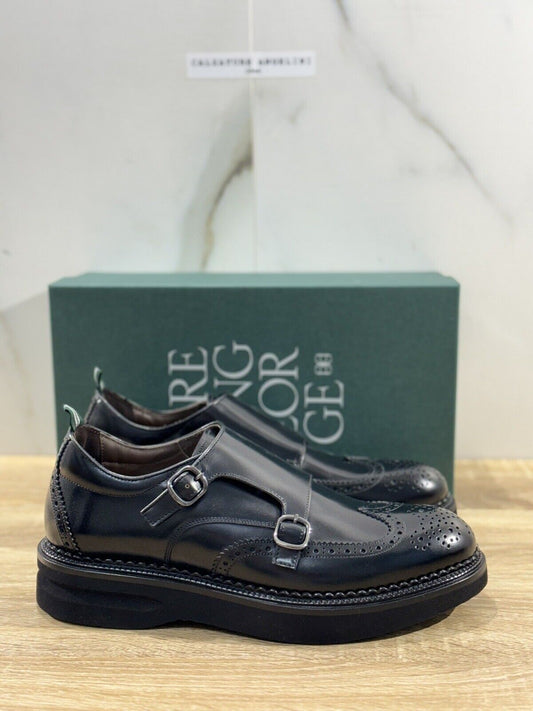 Green George Scarpa Uomo Doppia Fibbia Pelle Nera  Luxury Handmade 42