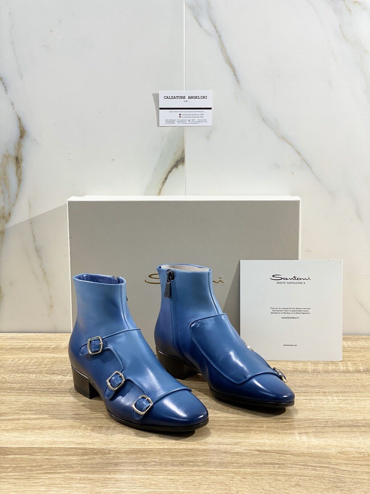 Santoni Stivaletto Donna Limited Edition Luxury Pelle Blu Tripla Fibbia 36 Via M